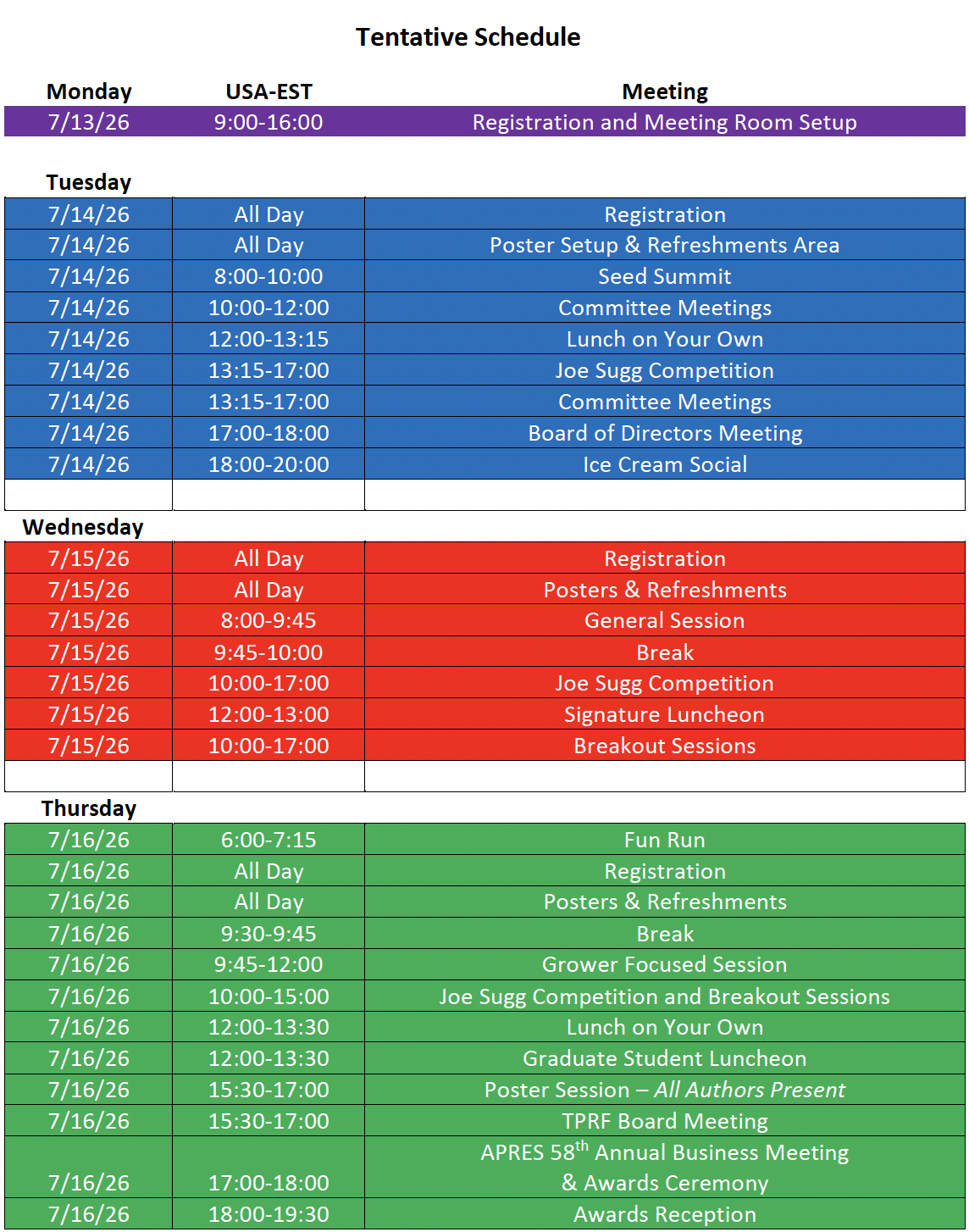 2026 APRES Tentative Schedule